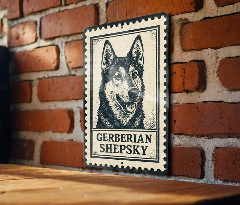 A metal sign featuring a black and white illustration of a German Shepherd dog, with the text "GERBERIAN SHEPKY" below the image.