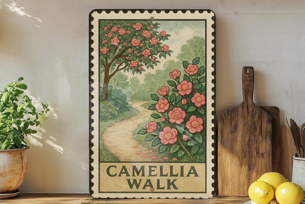 a framed illustration of a garden path with a tree and pink flowers, placed on a shelf next to a wooden cutting board and a potted plant.