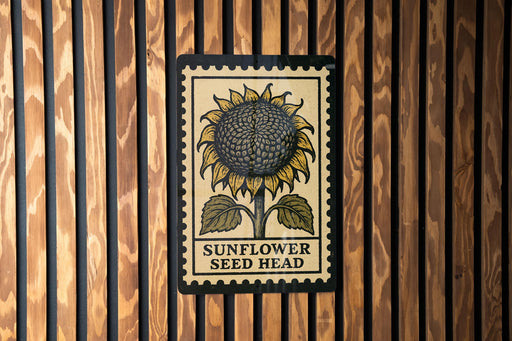 A framed illustration of a sunflower is displayed on a wooden wall.
