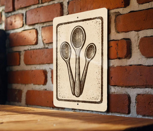 a sign with a drawing of three spoons on a brick wall.