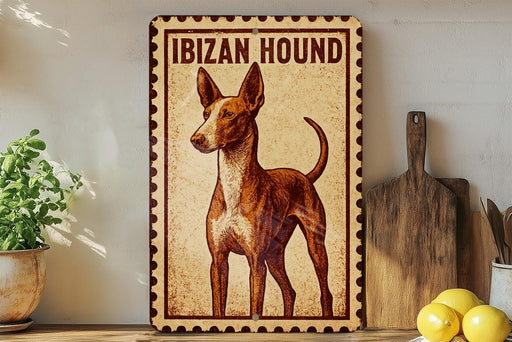 a vintage-style metal sign with an illustration of an Iberian hound, which is a type of hound breed. The sign is placed on a wooden surface, surrounded by various kitchen utensils and a potted plant.