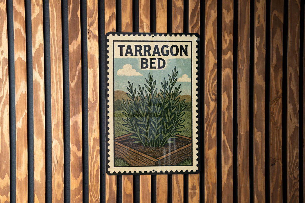 A vintage-style metal sign with the text "TARRagon BED" is displayed on a wooden wall.