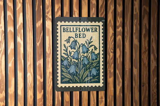 A sign with the text "BELLFLOWER BED" and an illustration of blue flowers is hanging on a wooden wall.