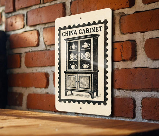 A sign with the word "CHINA CABINET" printed on it is displayed on a brick wall.