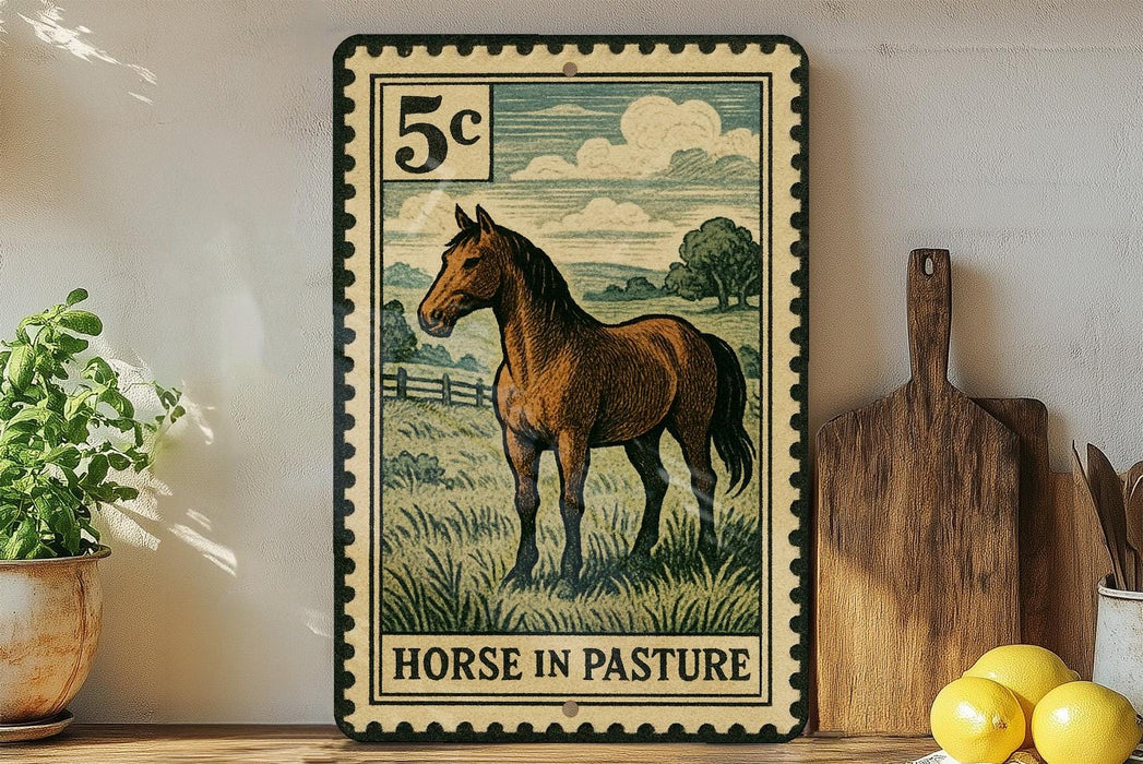 A vintage-style metal stamp depicting a horse in a pastoral scene, with the text "HORSE IN PASTURE" below the illustration.