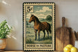 A vintage-style metal stamp depicting a horse in a pastoral scene, with the text "HORSE IN PASTURE" below the illustration.
