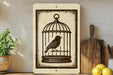 a birdcage with a bird inside, placed on a shelf next to a wooden cutting board and some lemons.