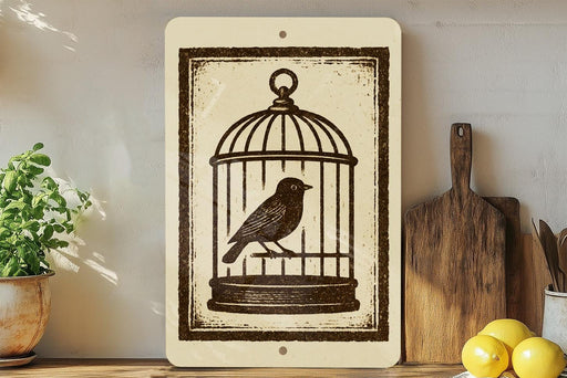 a birdcage with a bird inside, placed on a shelf next to a wooden cutting board and some lemons.