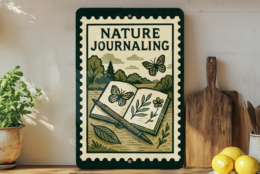 A framed poster with a nature-themed illustration, including a book, butterflies, and plants, is displayed on a shelf next to a wooden cutting board and a potted plant.
