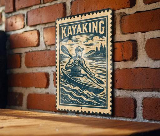 A vintage-style metal sign with a kayaker illustration is mounted on a brick wall.