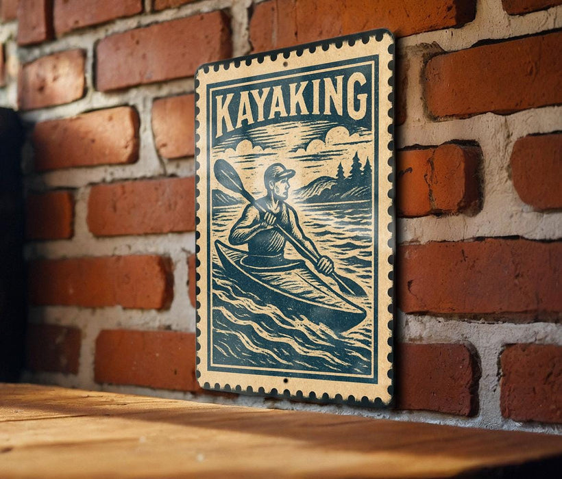 A vintage-style metal sign with a kayaker illustration is mounted on a brick wall.