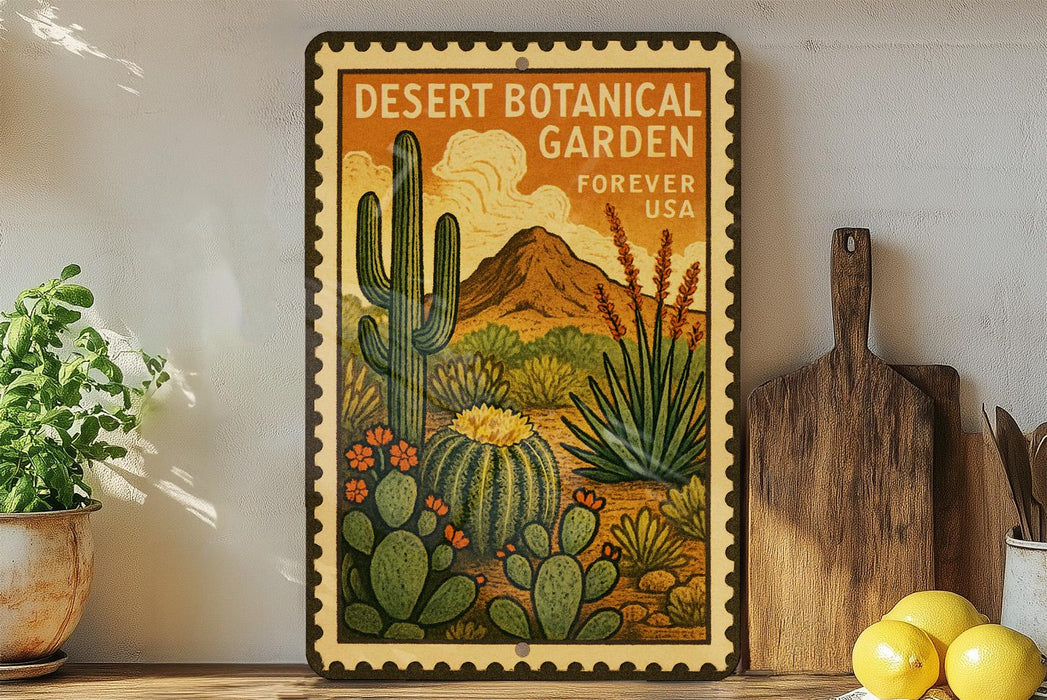 a framed poster of a desert botanical garden with various cacti and succulents, placed on a shelf next to a wooden cutting board and a potted plant.