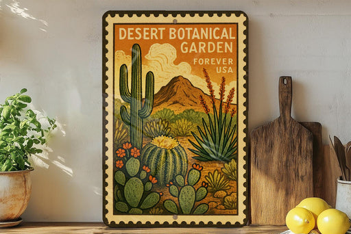 a framed poster of a desert botanical garden with various cacti and succulents, placed on a shelf next to a wooden cutting board and a potted plant.