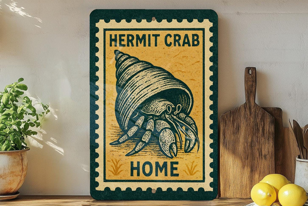 A framed illustration of a hermit crab is displayed on a shelf, accompanied by a wooden cutting board and a potted plant.