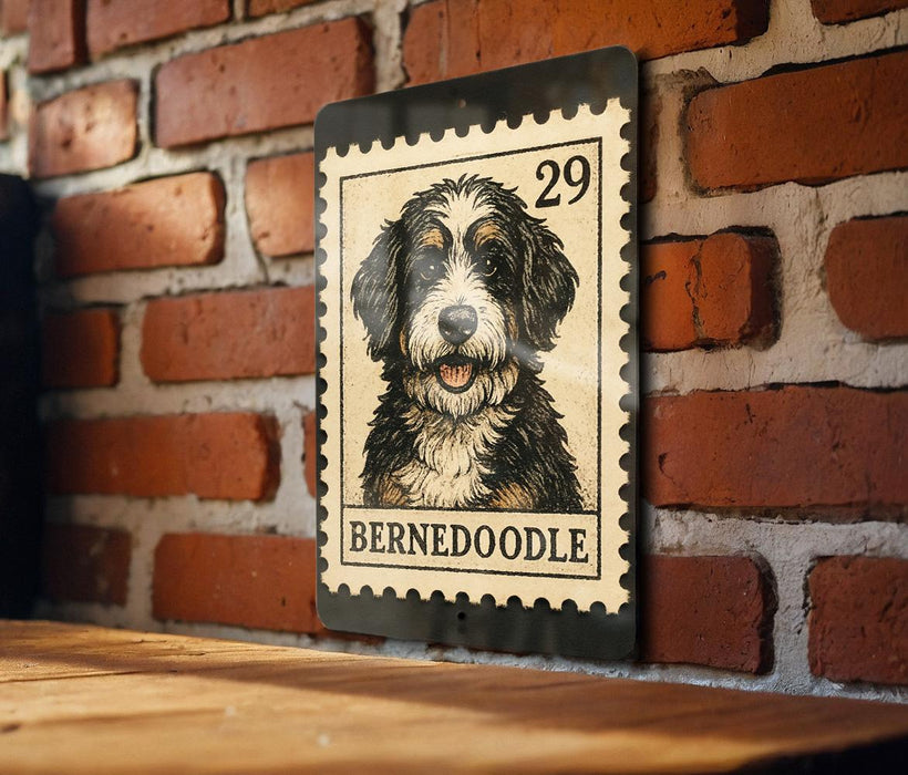 A metal sign featuring a Bernoodle dog on a brick wall.