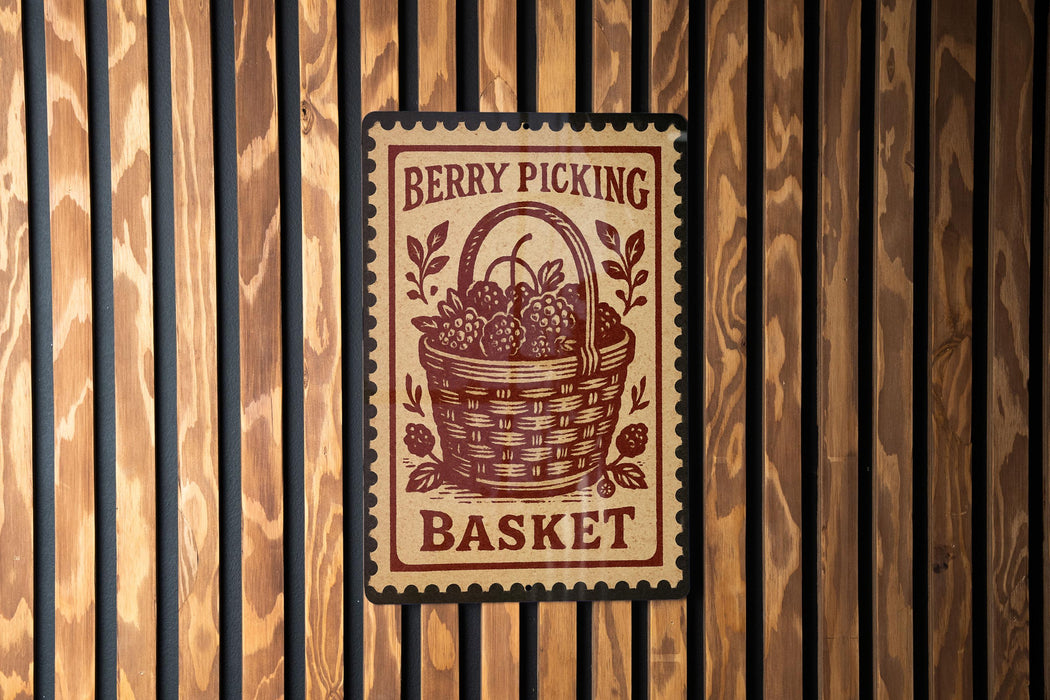 A berry picking basket sign is displayed on a wooden wall.