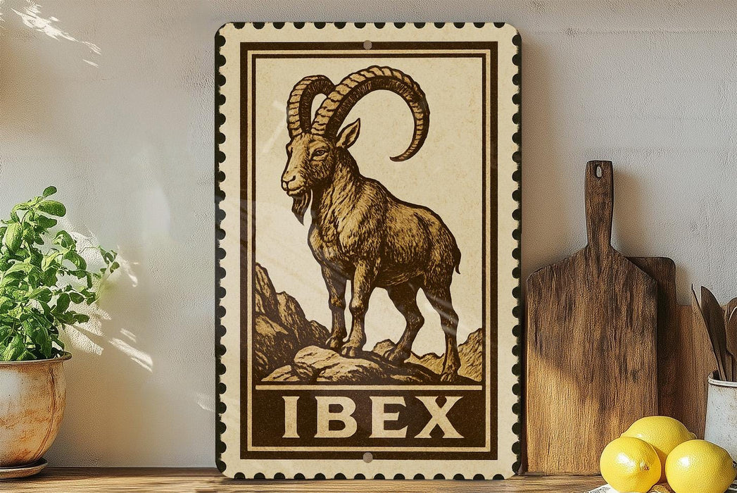 a wooden sign with a detailed illustration of a ram, mounted on a wall next to a wooden cutting board and some potted plants.