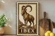 a wooden sign with a detailed illustration of a ram, mounted on a wall next to a wooden cutting board and some potted plants.