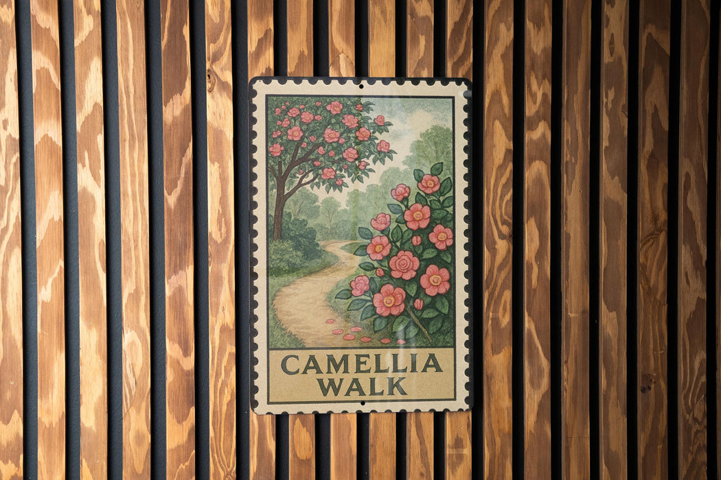 A framed sign with a floral illustration of a path leading through a garden, mounted on a wooden wall.