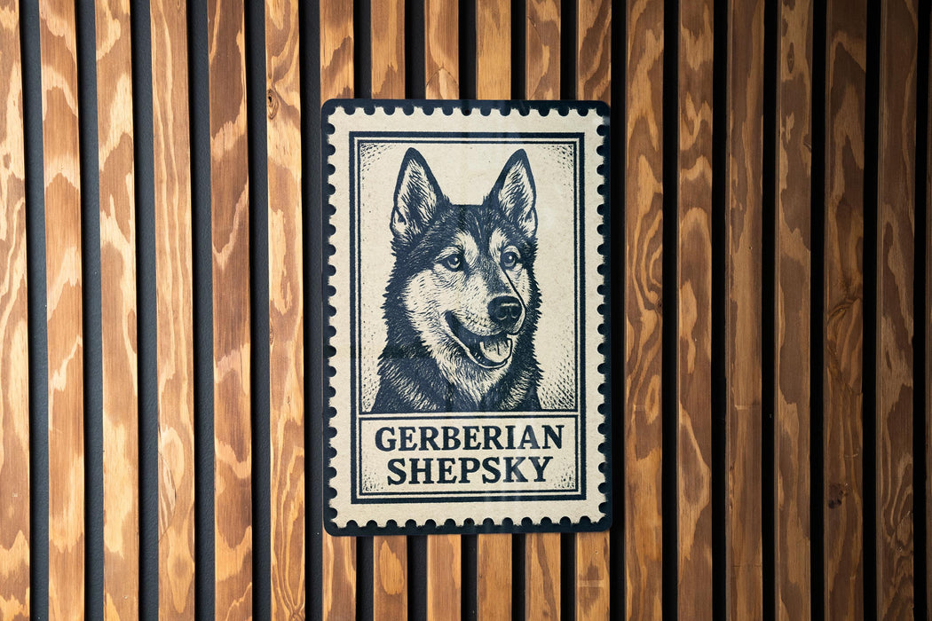 A black and white postage stamp featuring a close-up of a dog's face, with the text "GERBERIAN SHEPKY" below it.