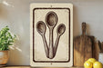 a kitchen scene with a wooden cutting board, a potted plant, and a wooden spoon on a shelf.