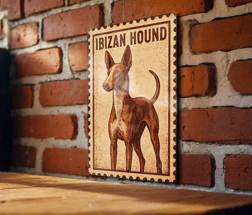 a wooden sign with a picture of an IBIAN HOUND dog, mounted on a brick wall.