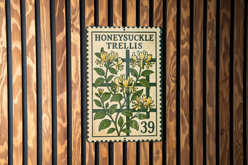 A metal sign with a floral design and the text "HONEY SUCKLE TRELLIS" is mounted on a wooden wall.