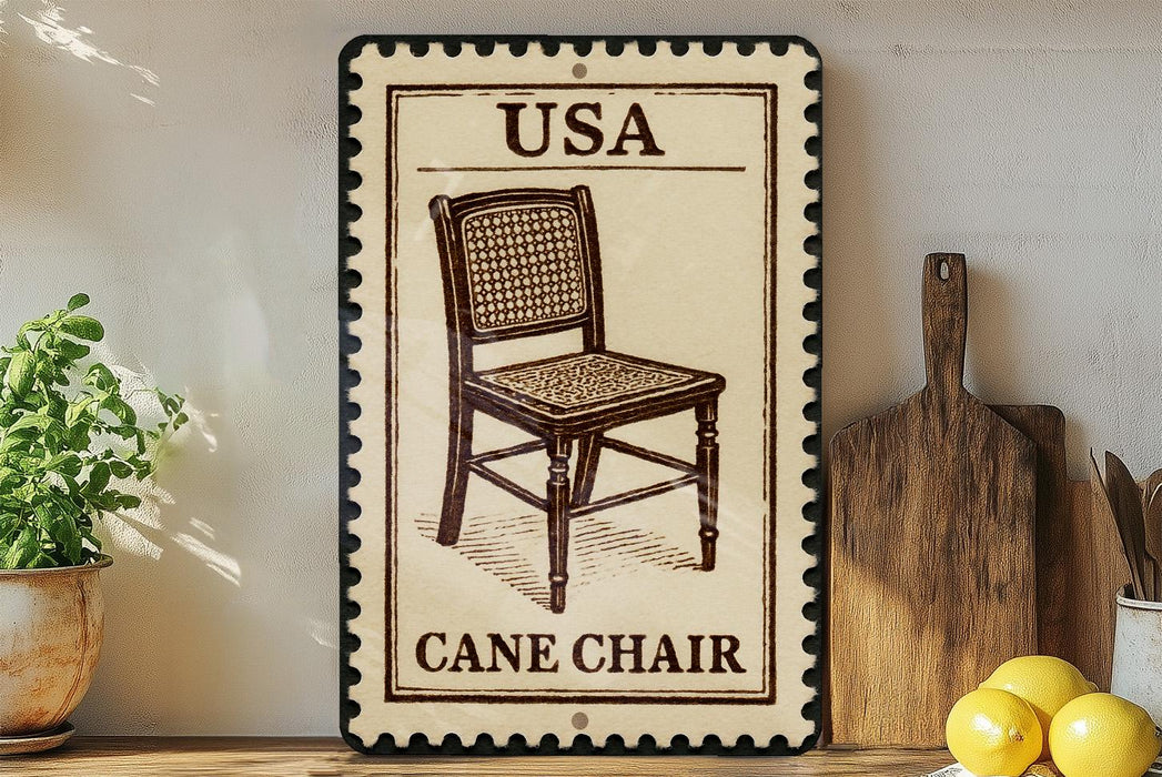 A framed illustration of a cane chair is displayed on a shelf, accompanied by a wooden cutting board and a potted plant.