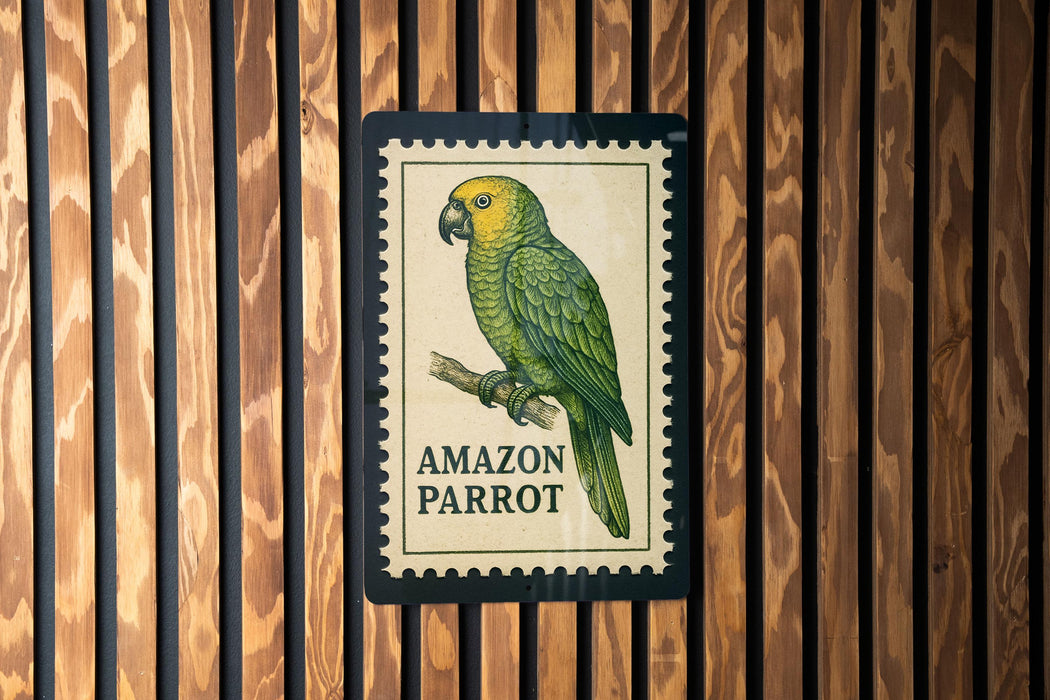 a poster of an Amazon parrot, which is a type of green parrot native to South America.
