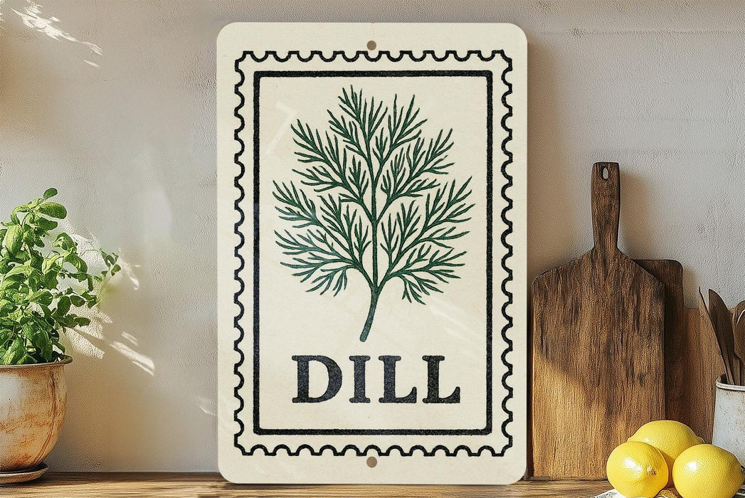a decorative sign with a dill plant illustration, placed on a wooden surface next to a wooden cutting board and some lemons.