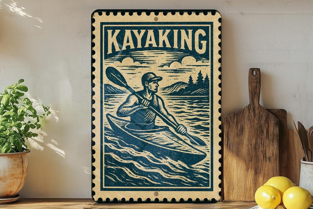 A vintage-style metal sign with a kayaker illustration, placed on a wooden surface next to a potted plant and a cutting board.
