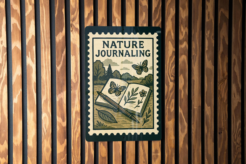 A nature-themed poster or stamp with the title "NATURE JOURNALING" and illustrations of butterflies and plants.