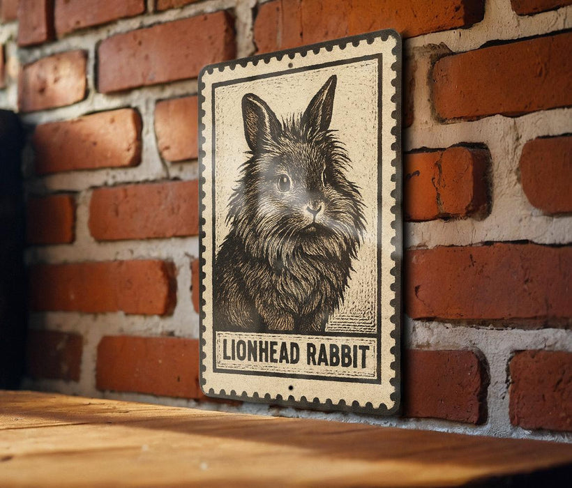 A metal sign featuring a close-up of a lionhead rabbit is mounted on a brick wall.