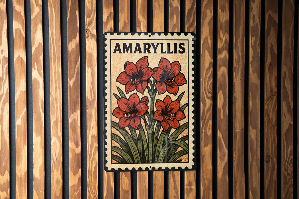 A metal stamp with a floral design and the text "AMARYLLIS" is displayed on a wooden wall.