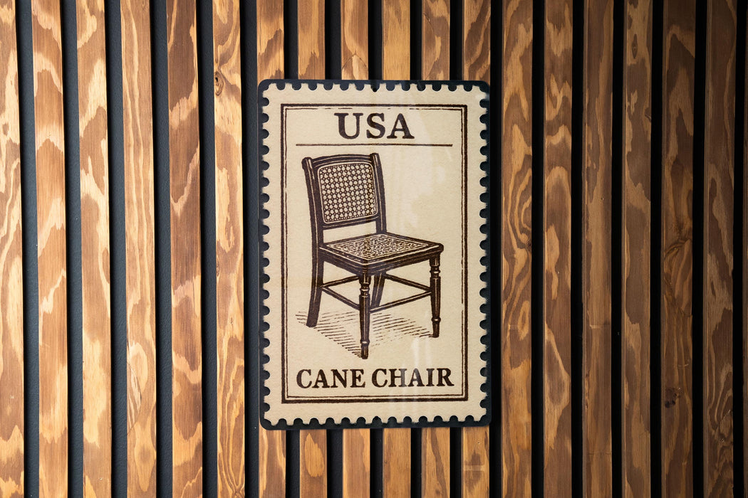 A wooden wall with a framed image of a cane chair, which appears to be a decorative piece or a sign.