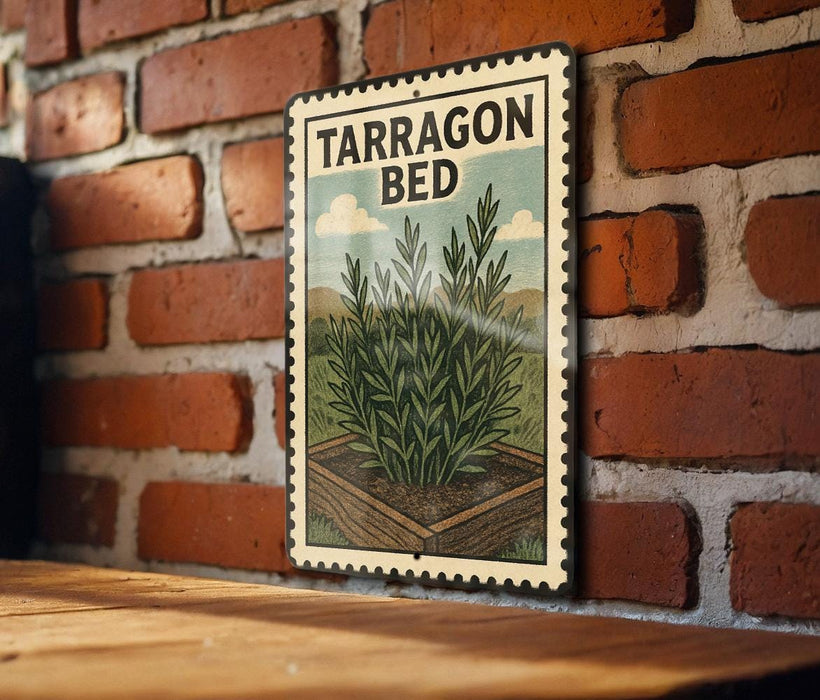 A vintage-style metal sign with the text "TARRagon BED" is displayed on a brick wall, featuring an illustration of a plant in a garden bed.