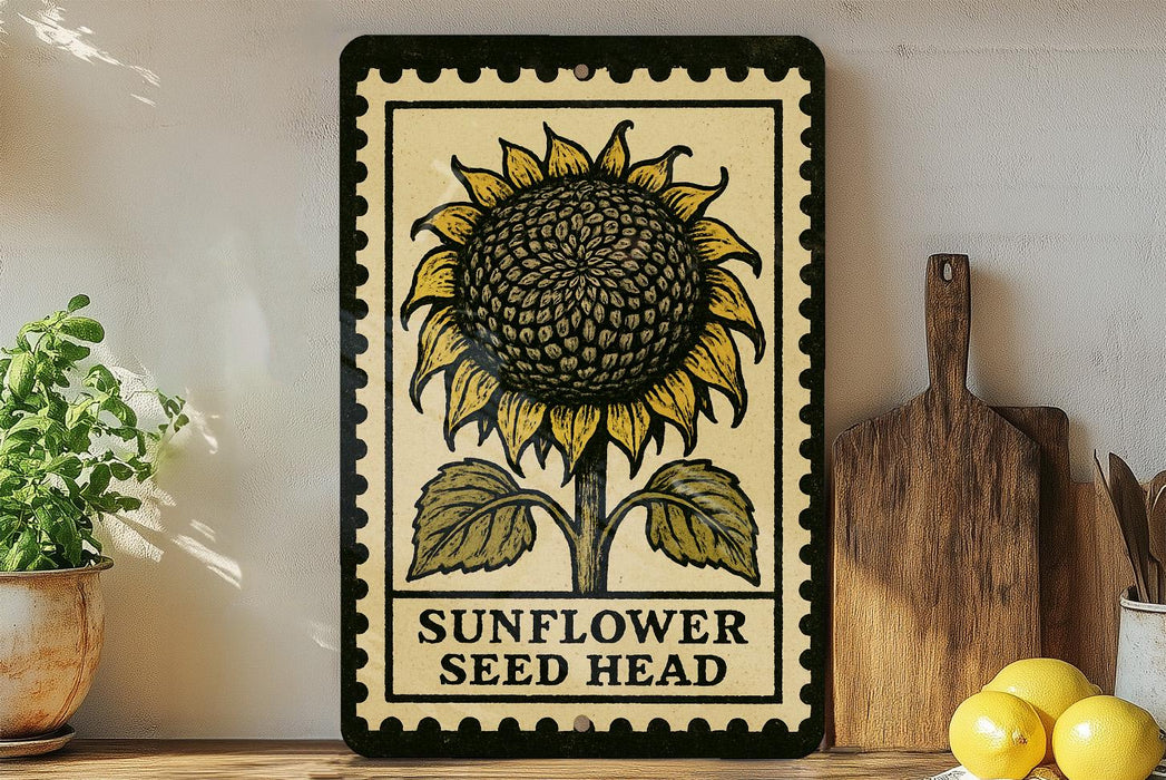 A framed illustration of a sunflower is displayed on a shelf, accompanied by a wooden cutting board, a potted plant, and some lemons.