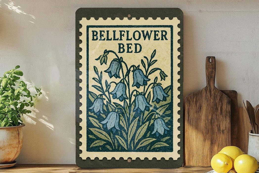 A framed illustration of bellflowers is displayed on a shelf, accompanied by a wooden cutting board and a potted plant.