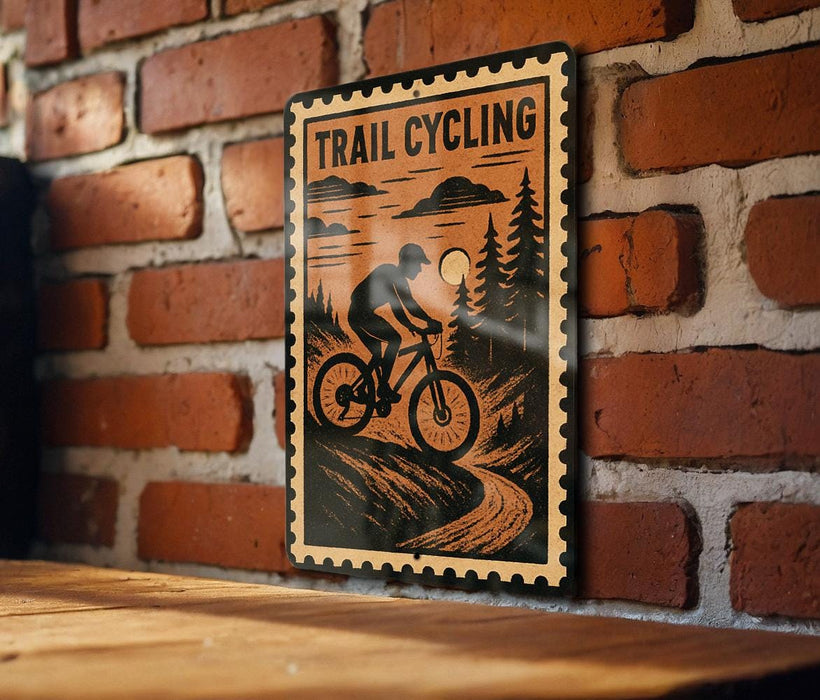 A metal sign with a bicycle illustration and the text "TRAIL CYCLING" is displayed on a brick wall.