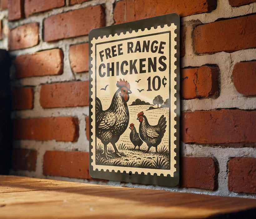 A sign advertising free range chickens for 10 cents is displayed on a brick wall.