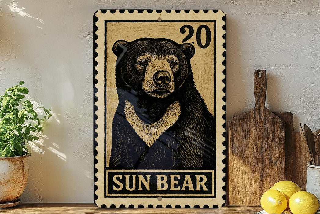 a wooden cutting board with a potted plant to the left and a framed image of a black bear to the right.