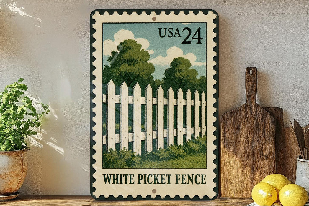 A vintage-style metal sign with a white picket fence illustration, mounted on a wall next to a wooden cutting board and a potted plant.