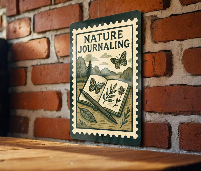 A nature-themed metal sign is displayed on a brick wall, featuring an open book with butterflies and plants, and the text "NATURE JOURNALING" on the sign.