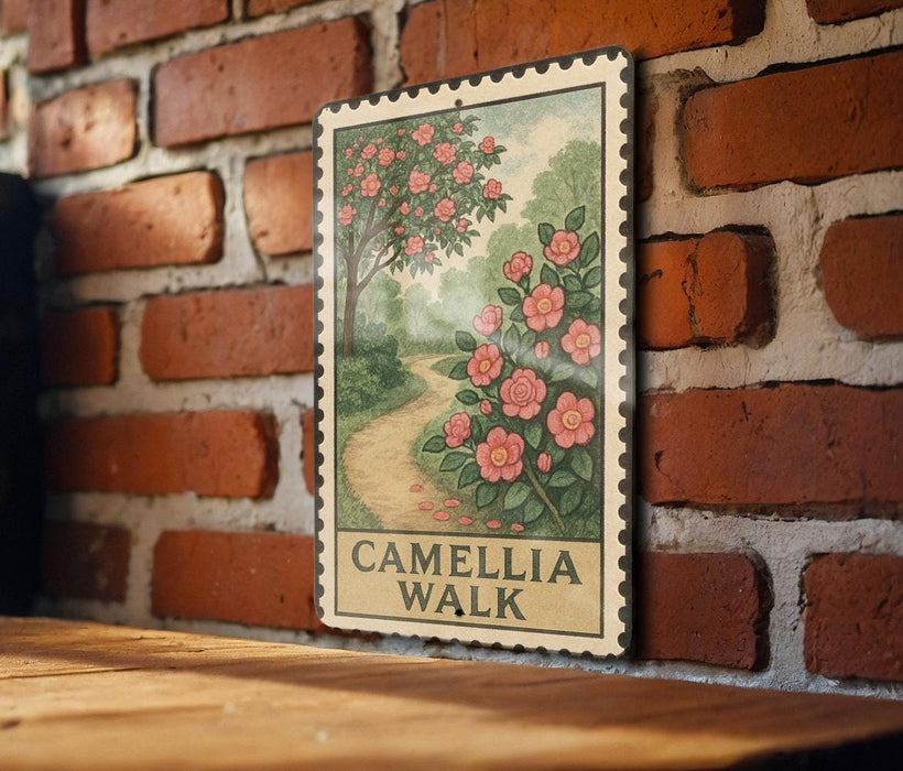 A vintage-style metal sign with a floral illustration and the text "CAMELIA WALK" is displayed on a brick wall.
