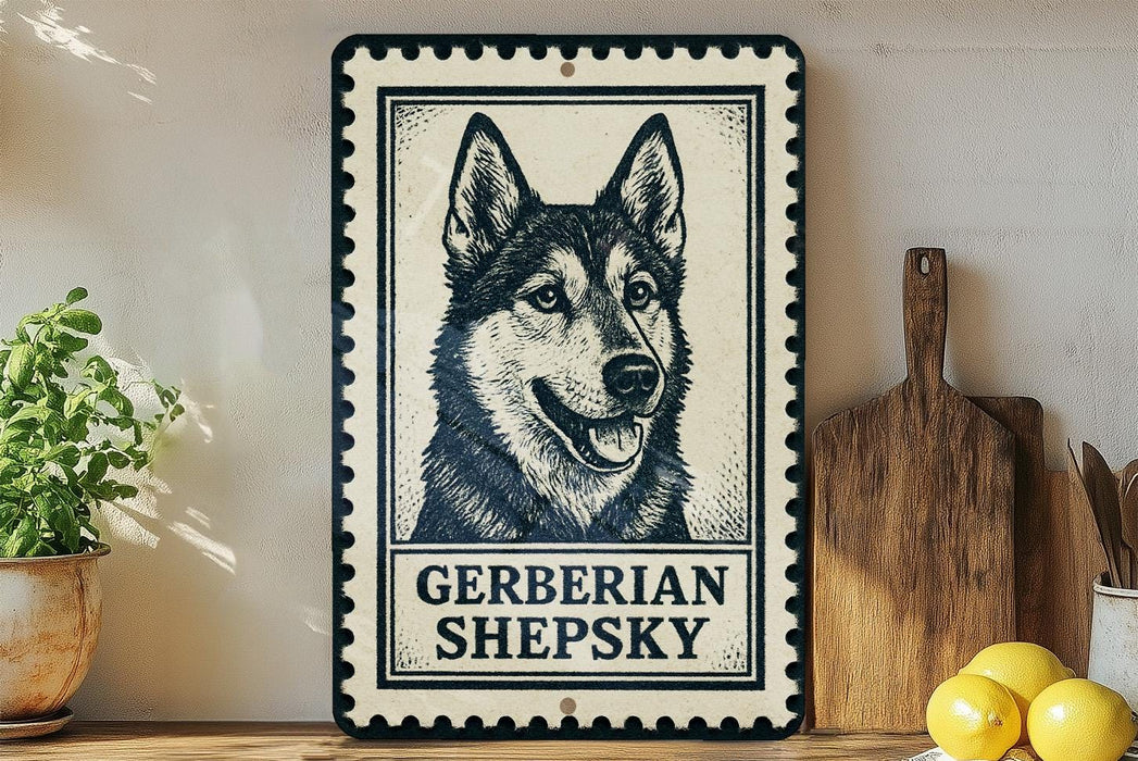A metal sign featuring a black and white illustration of a German Shepherd dog, with the text "GERBERIAN SHERPSKY" below the image.