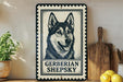 A metal sign featuring a black and white illustration of a German Shepherd dog, with the text "GERBERIAN SHERPSKY" below the image.