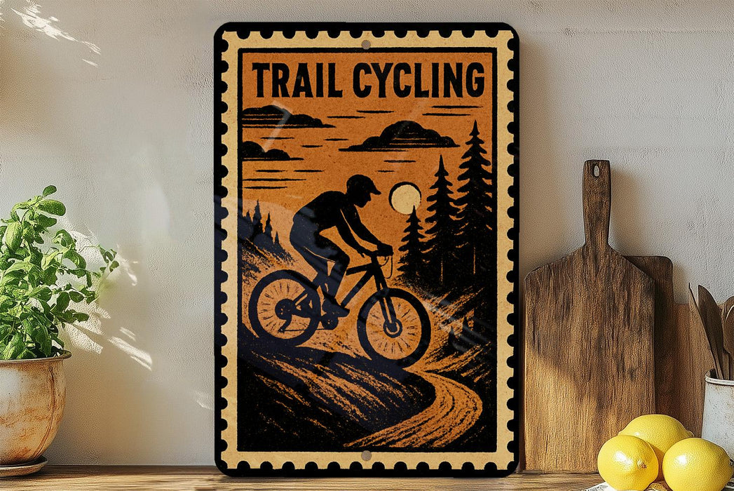 A vintage-style metal sign with a silhouette of a person riding a bicycle, depicting a trail cycling scene, is displayed on a shelf next to a wooden cutting board and some potted plants.