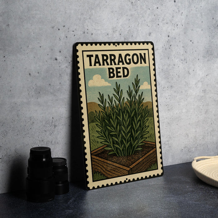 A metal sign with the text "TARRagon BED" and an illustration of a plant in a pot, placed on a countertop next to some black camera lenses.