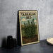 A metal sign with the text "TARRagon BED" and an illustration of a plant in a pot, placed on a countertop next to some black camera lenses.