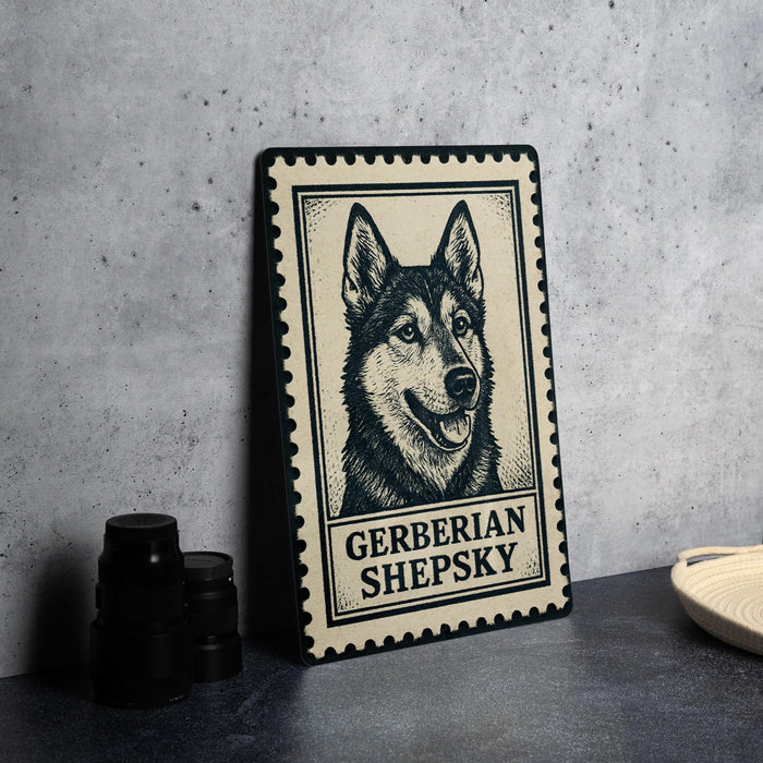 A framed image of a Gerberian Shepsky dog, a breed of sled dogs, is displayed on a table.